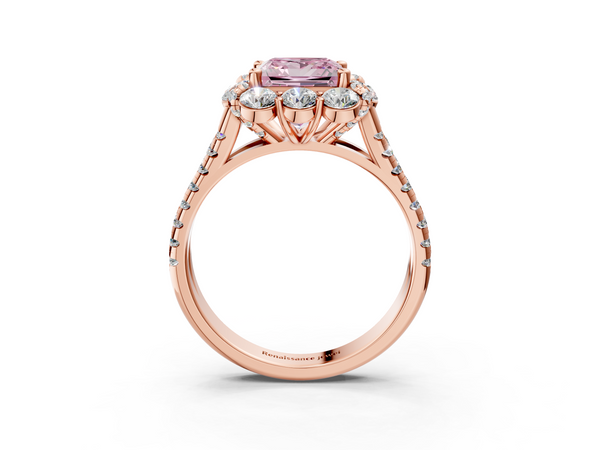 Rose gold Fancy Pink Princess  Halo Split Shank Diamond Engagement Ring with Pave Band and Four-Prong Setting