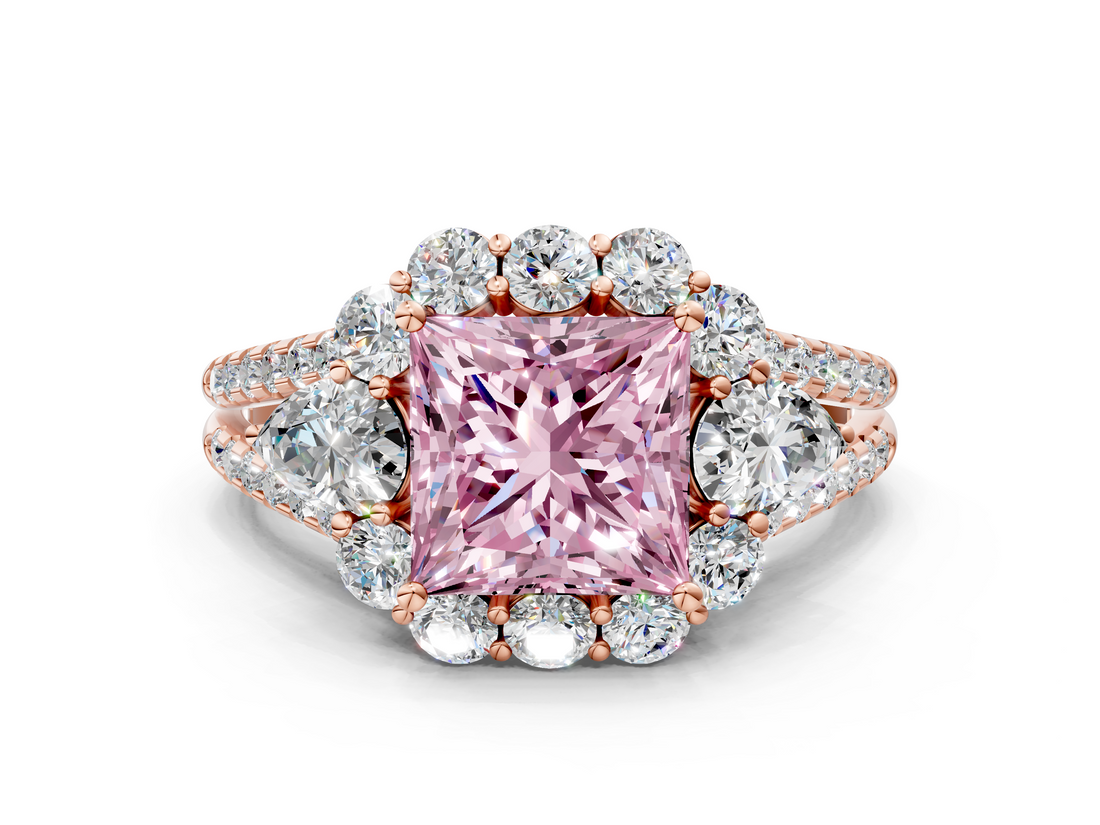Rose gold Fancy Pink Princess  Halo Split Shank Diamond Engagement Ring with Prong Setting