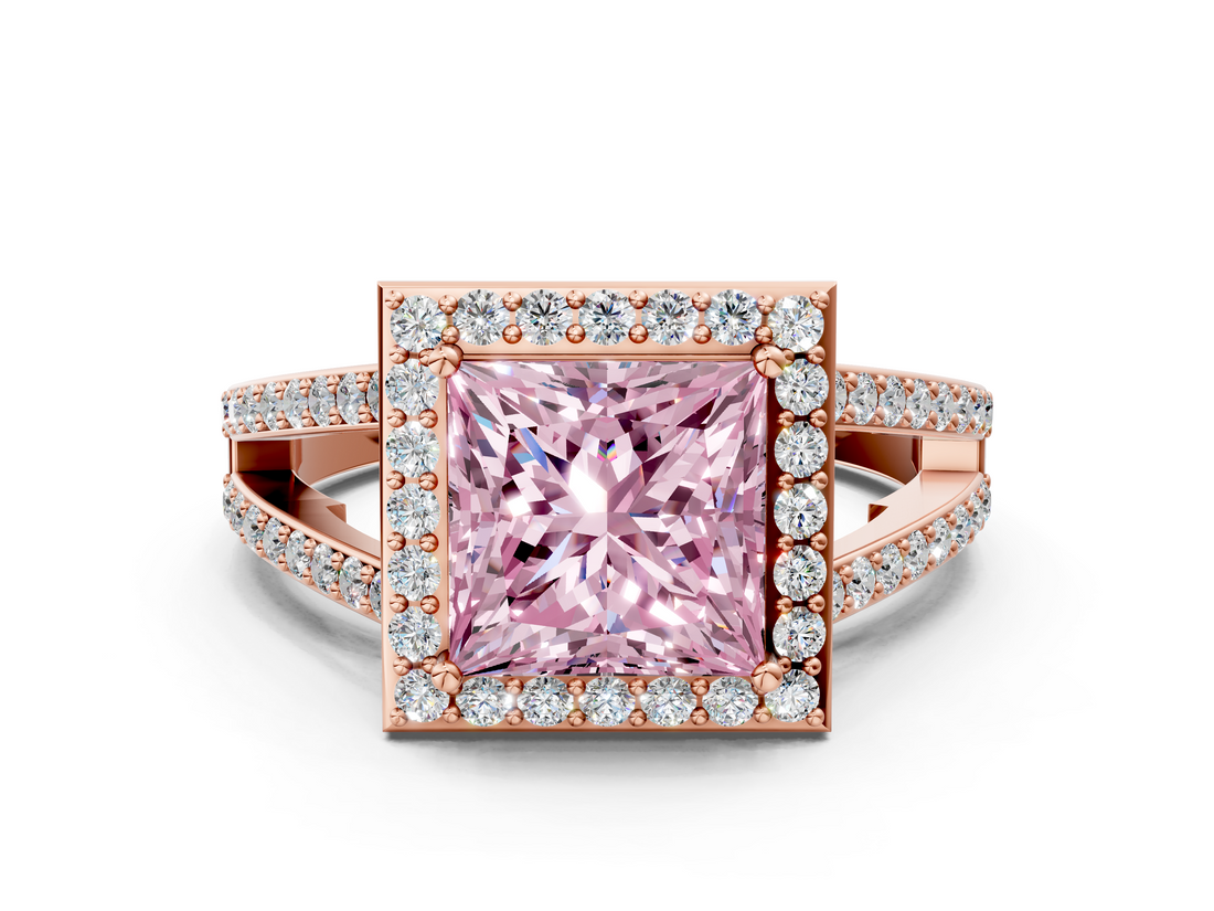 Rose gold Fancy Pink Princess  Halo Split Shank Diamond Ring with Four-Prong Setting