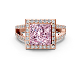 Rose gold Fancy Pink Princess  Halo Split Shank Diamond Ring with Four-Prong Setting