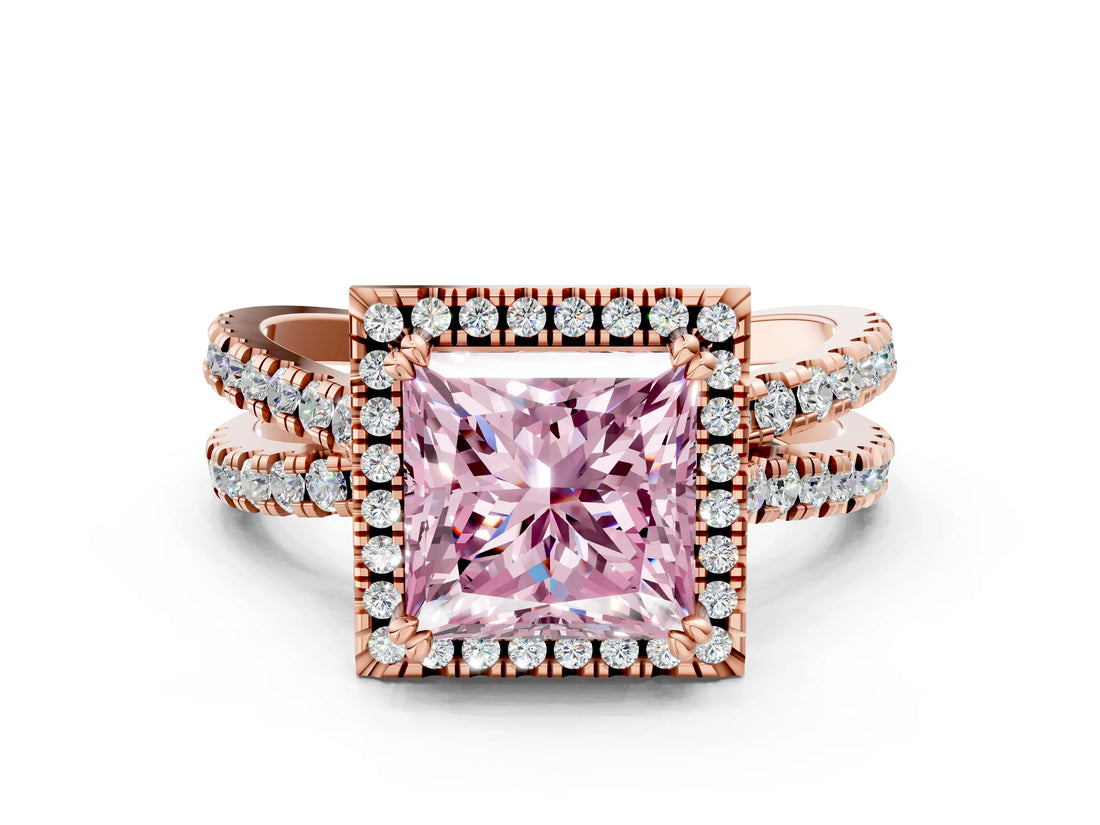 Rose gold Fancy Pink Princess  Halo Split Shank Diamond Ring with Pavé Setting_26