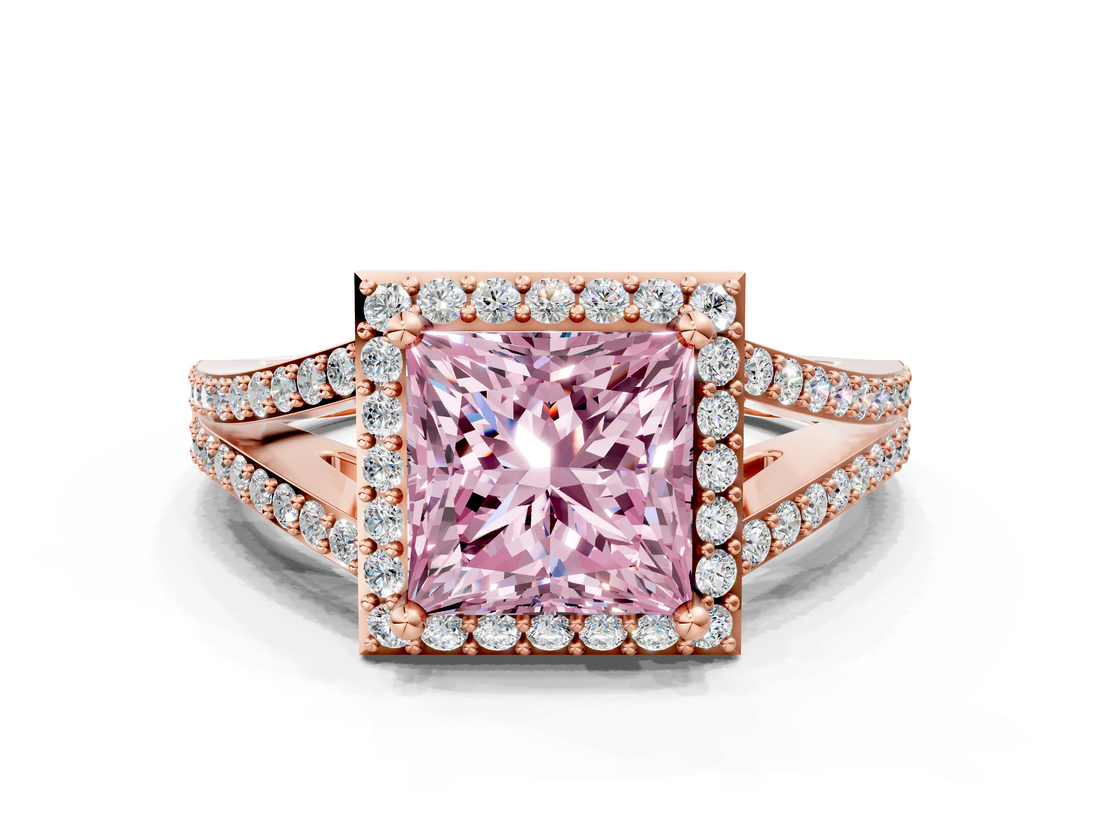 Rose gold Fancy Pink Princess  Halo Split Shank Diamond Ring with Prong Setting