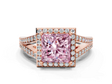 Rose gold Fancy Pink Princess  Halo Split Shank Diamond Ring with Prong Setting