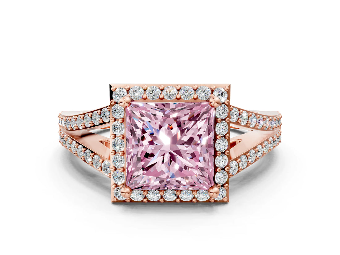 Rose gold Fancy Pink Princess  Halo Split Shank Pave Diamond Ring with Four-Prong Setting_29