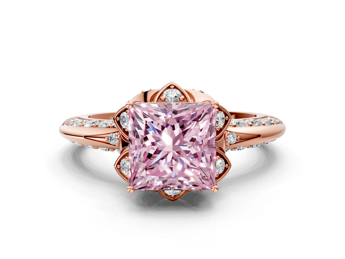 Rose gold Fancy Pink Princess  Halo Split Shank Pave Diamond Ring with Petal Prong Setting_20