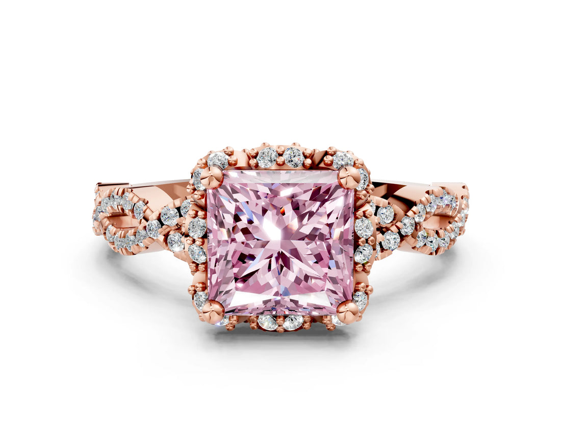 Rose gold Fancy Pink Princess  Halo Twist Band Solitaire Ring with Six-Prong Setting_32