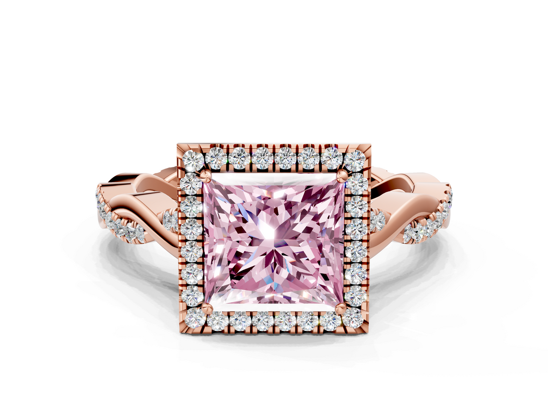 Rose gold Fancy Pink Princess  Halo Twist Band Solitaire Ring