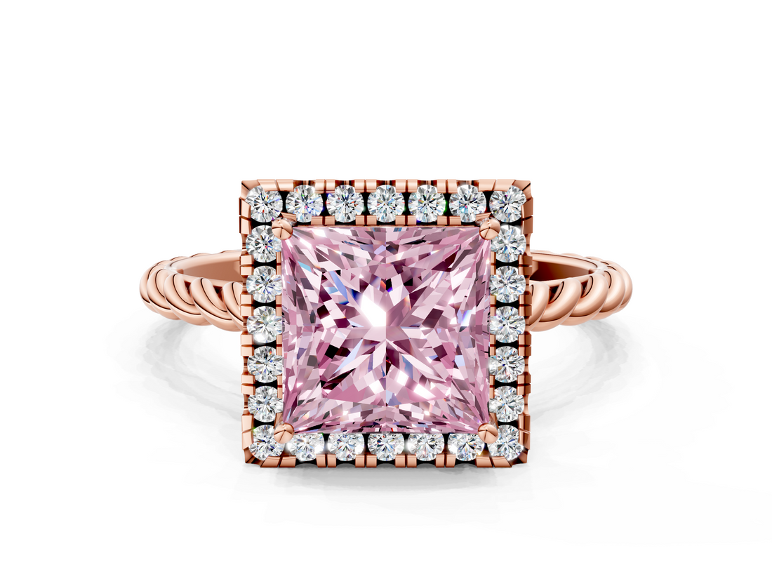 Rose gold Fancy Pink Princess  Halo Twisted Band Four-Prong Diamond Ring