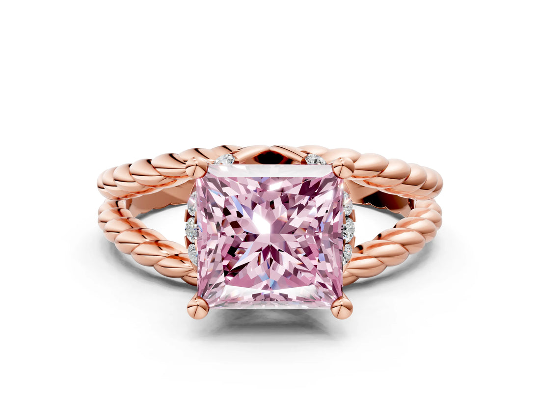Rose gold Fancy Pink Princess  Halo Twisted Band Four-Prong Ring_32