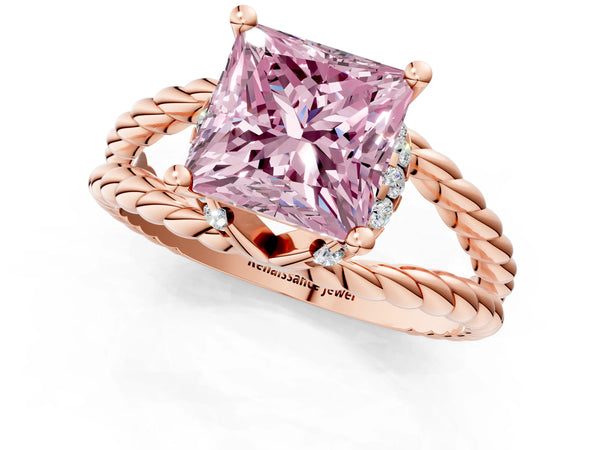 Rose gold Fancy Pink Princess  Halo Twisted Band Four-Prong Ring