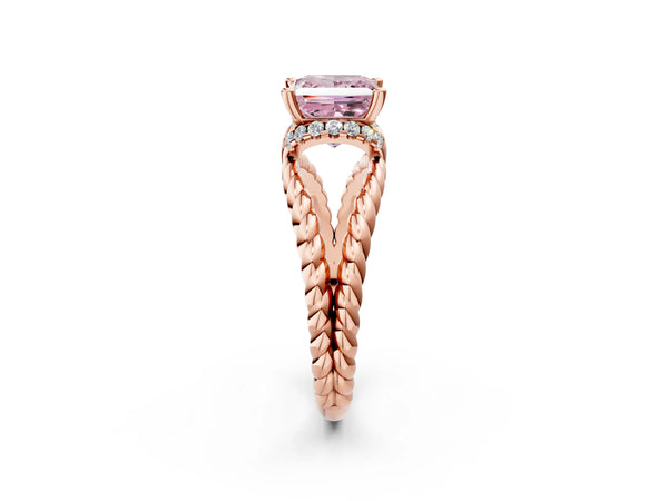 Rose gold Fancy Pink Princess  Halo Twisted Band Four-Prong Ring