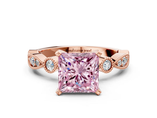 Rose gold Fancy Pink Princess  Milgrain Bezel Diamond Engagement Ring with Solitaire Prong Setting