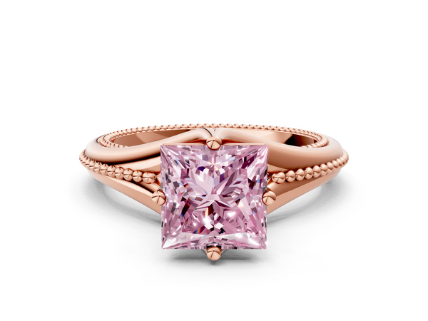 Rose gold Fancy Pink Princess  Solitaire Beaded Band Six-Prong Setting