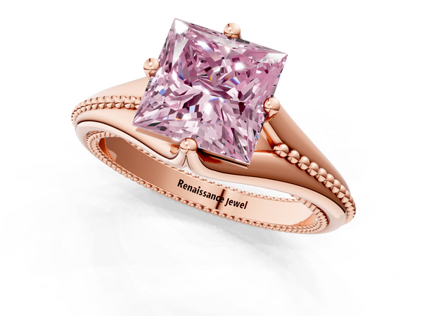 Rose gold Fancy Pink Princess  Solitaire Beaded Band Six-Prong Setting