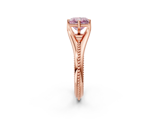 Rose gold Fancy Pink Princess  Solitaire Beaded Band Six-Prong Setting