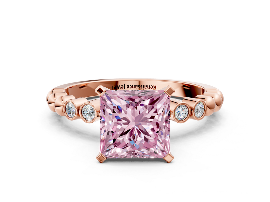 Rose gold Fancy Pink Princess  Solitaire Bezel Accent Diamond Engagement Ring with Beaded Band and Four-Prong Setting