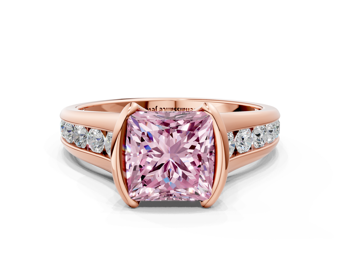 Rose gold Fancy Pink Princess  Solitaire Bezel-Set Diamond Ring with Channel-Set Band
