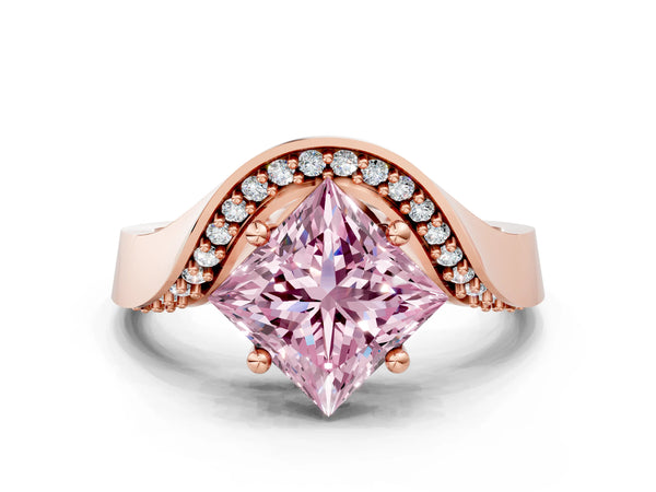Rose gold Fancy Pink Princess  Solitaire Diamond Engagement Ring with Pave Band and Four-Prong Setting