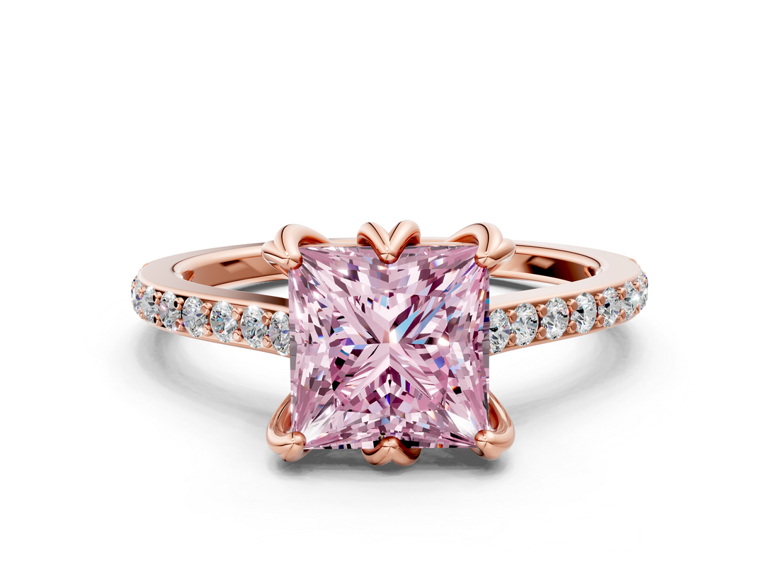 Rose gold Fancy Pink Princess  Solitaire Diamond Engagement Ring with Pave Band and Six-Prong Setting