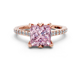 Rose gold Fancy Pink Princess  Solitaire Diamond Engagement Ring with Pave Band and Six-Prong Setting
