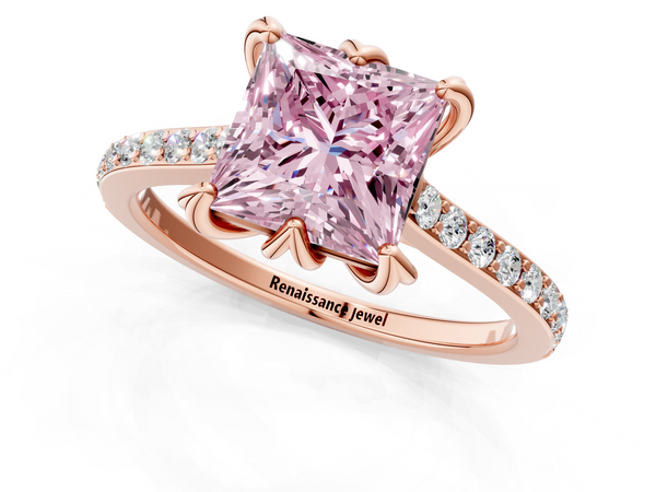 Rose gold Fancy Pink Princess  Solitaire Diamond Engagement Ring with Pave Band and Six-Prong Setting