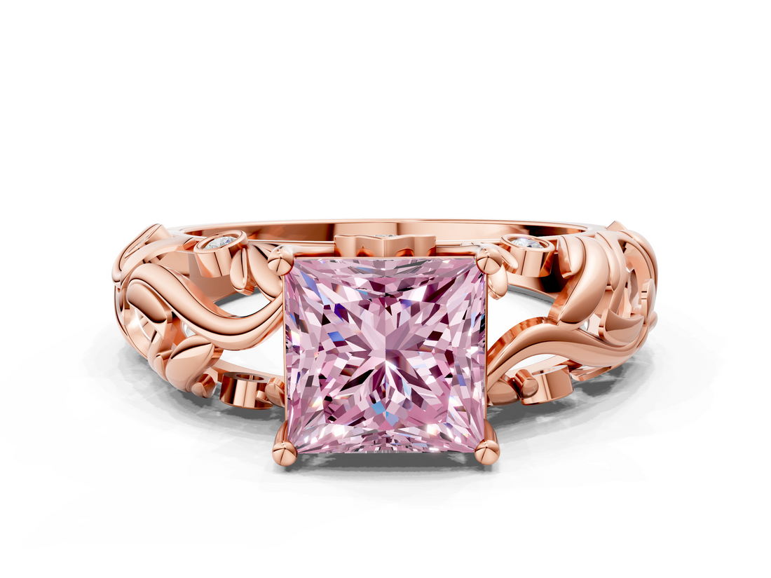 Rose gold Fancy Pink Princess  Solitaire Diamond Leaf Vine Band with Prong Setting
