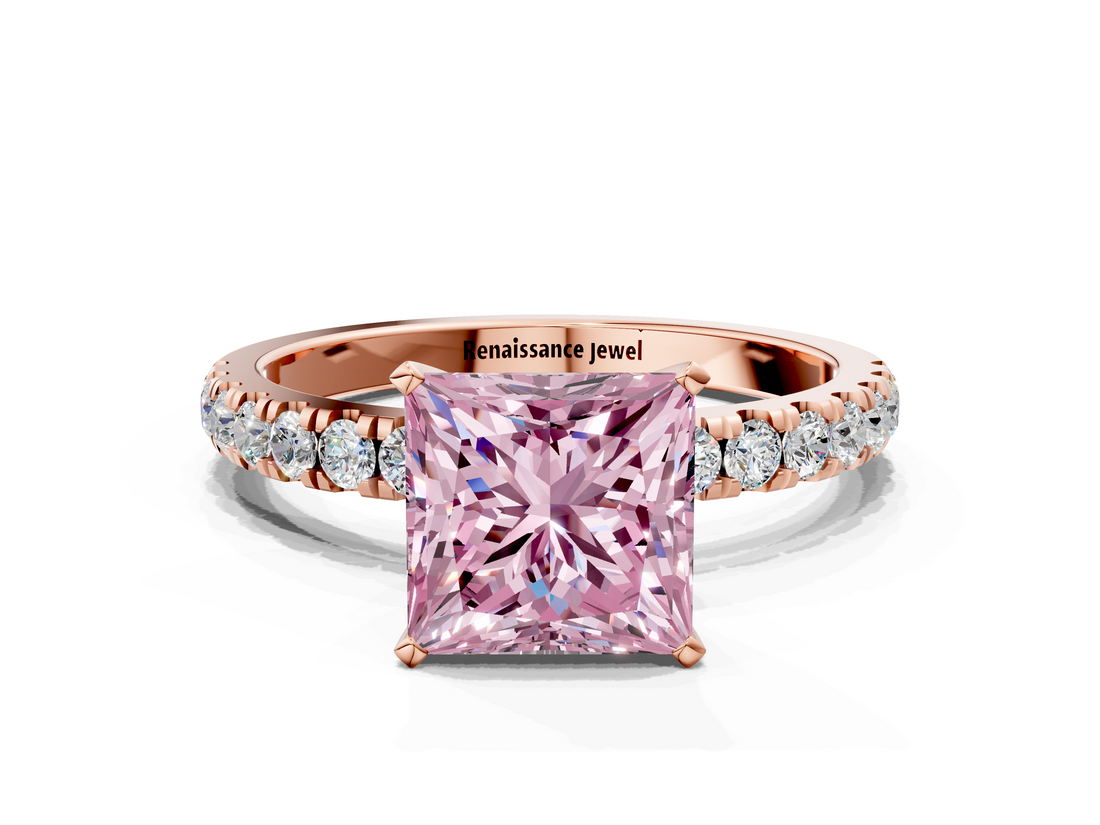 Rose gold Fancy Pink Princess  Solitaire Diamond Pavé Band with Four-Prong Setting