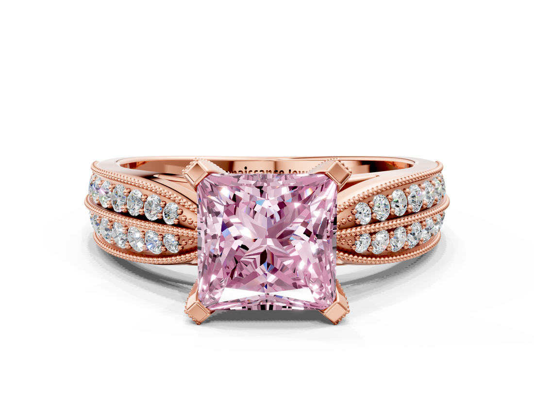 Rose gold Fancy Pink Princess  Solitaire Diamond Ring with Milgrain Pavé Band and Four-Prong Setting_20