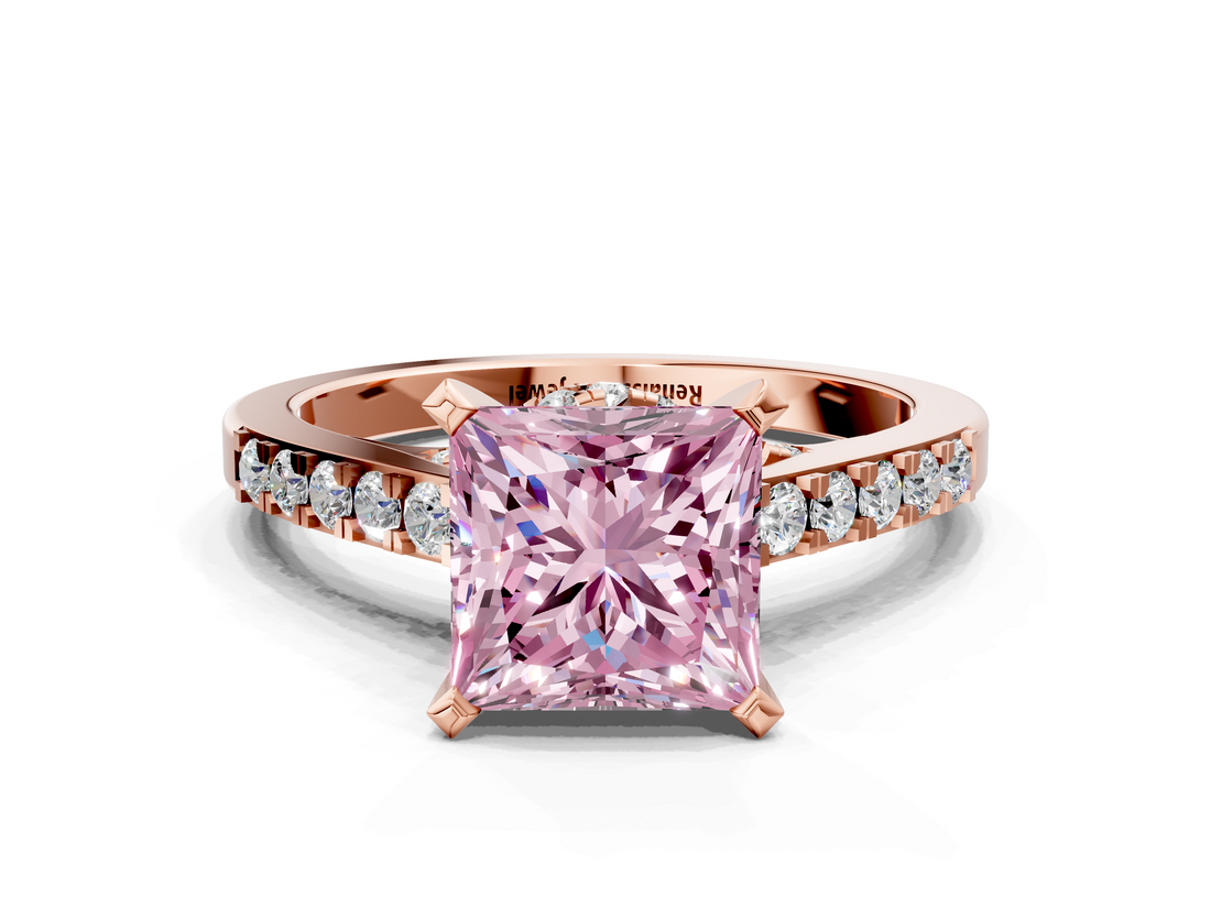 Rose gold Fancy Pink Princess  Solitaire Diamond Ring with Pavé Band and Four-Prong Setting