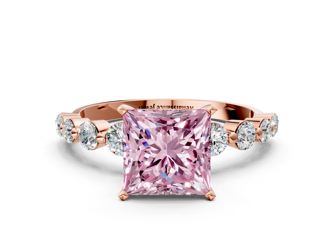 Rose gold Fancy Pink Princess  Solitaire Diamond Ring with Pave Band and Four-Prong Setting