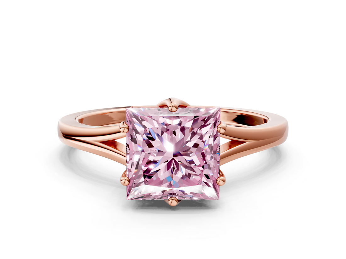 Rose gold Fancy Pink Princess  Solitaire Diamond Ring with Six-Prong Setting and Tapered Band