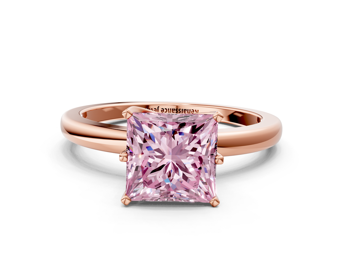 Rose gold Fancy Pink Princess  Solitaire Diamond Ring with Six-Prong Setting on a Classic Band