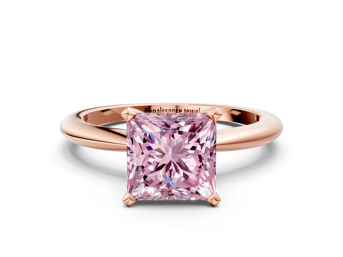 Rose gold Fancy Pink Princess  Solitaire Diamond Ring with Six-Prong Setting on a Classic Band
