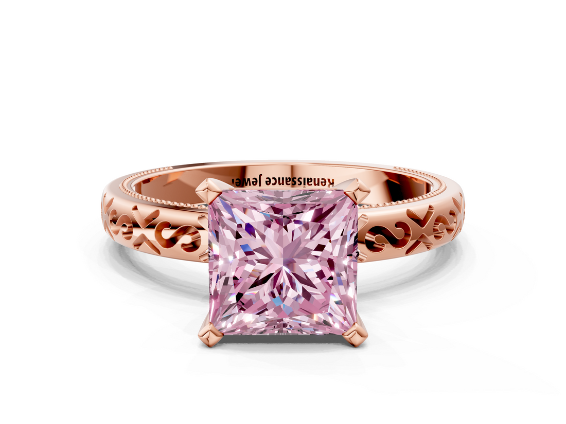 Rose gold Fancy Pink Princess  Solitaire Engagement Ring with Scrollwork Band and Four-Prong Setting