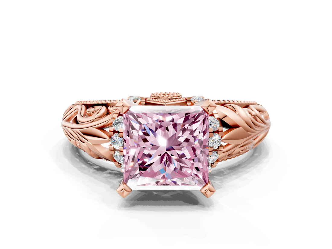 Rose gold Fancy Pink Princess  Solitaire Filigree Engagement Ring with Halo and Prong Setting