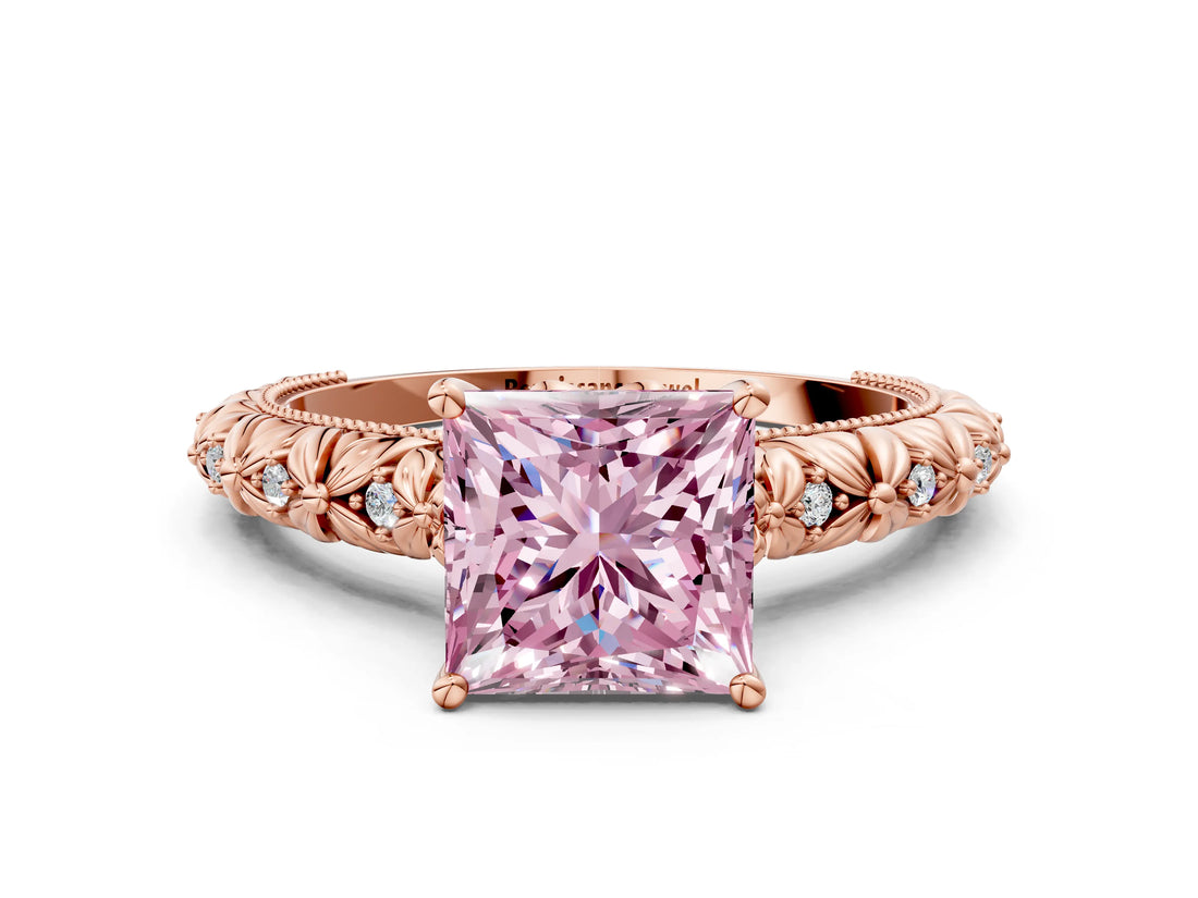 Rose gold Fancy Pink Princess  Solitaire Floral Milgrain Engagement Ring_31
