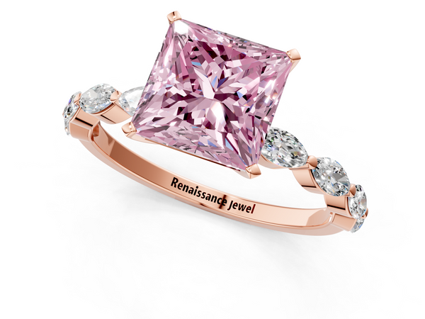 Rose gold Fancy Pink Princess Cut Diamond Ring with Marquise Side Stones and Prong Setting