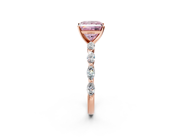 Rose gold Fancy Pink Princess Cut Diamond Ring with Marquise Side Stones and Prong Setting