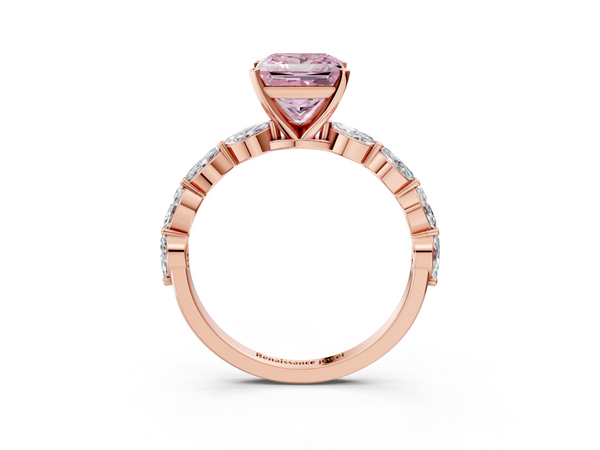 Rose gold Fancy Pink Princess Cut Diamond Ring with Marquise Side Stones and Prong Setting