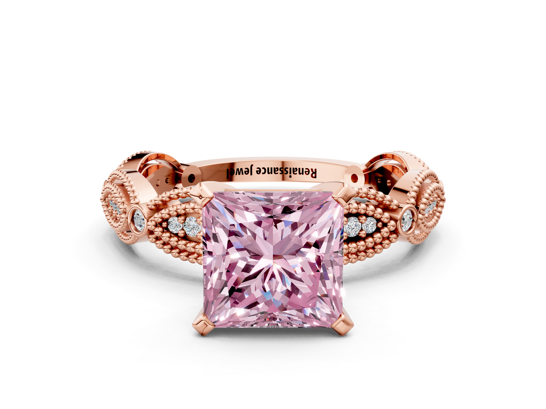 Rose gold Fancy Pink Princess  Solitaire Milgrain Diamond Engagement Ring with Bezel and Marquise Band