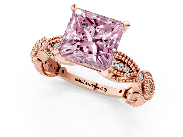 Rose gold Fancy Pink Princess  Solitaire Milgrain Diamond Engagement Ring with Bezel and Marquise Band
