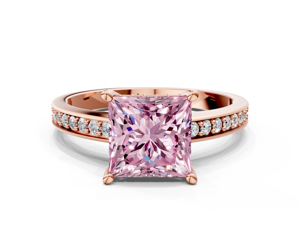 Rose gold Fancy Pink Princess  Solitaire Pavé Band Prong Setting Ring
