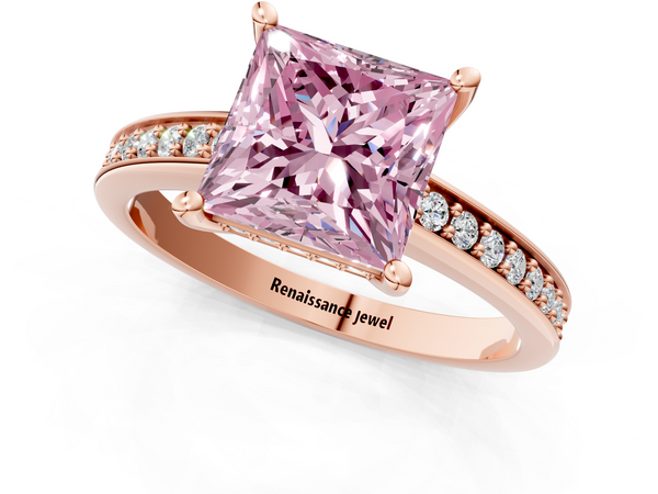 Rose gold Fancy Pink Princess  Solitaire Pavé Band Prong Setting Ring