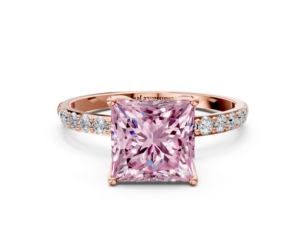 Rose gold Fancy Pink Princess Cut Diamond Solitaire Engagement Ring with Round  Pavé Band and Prong Setting