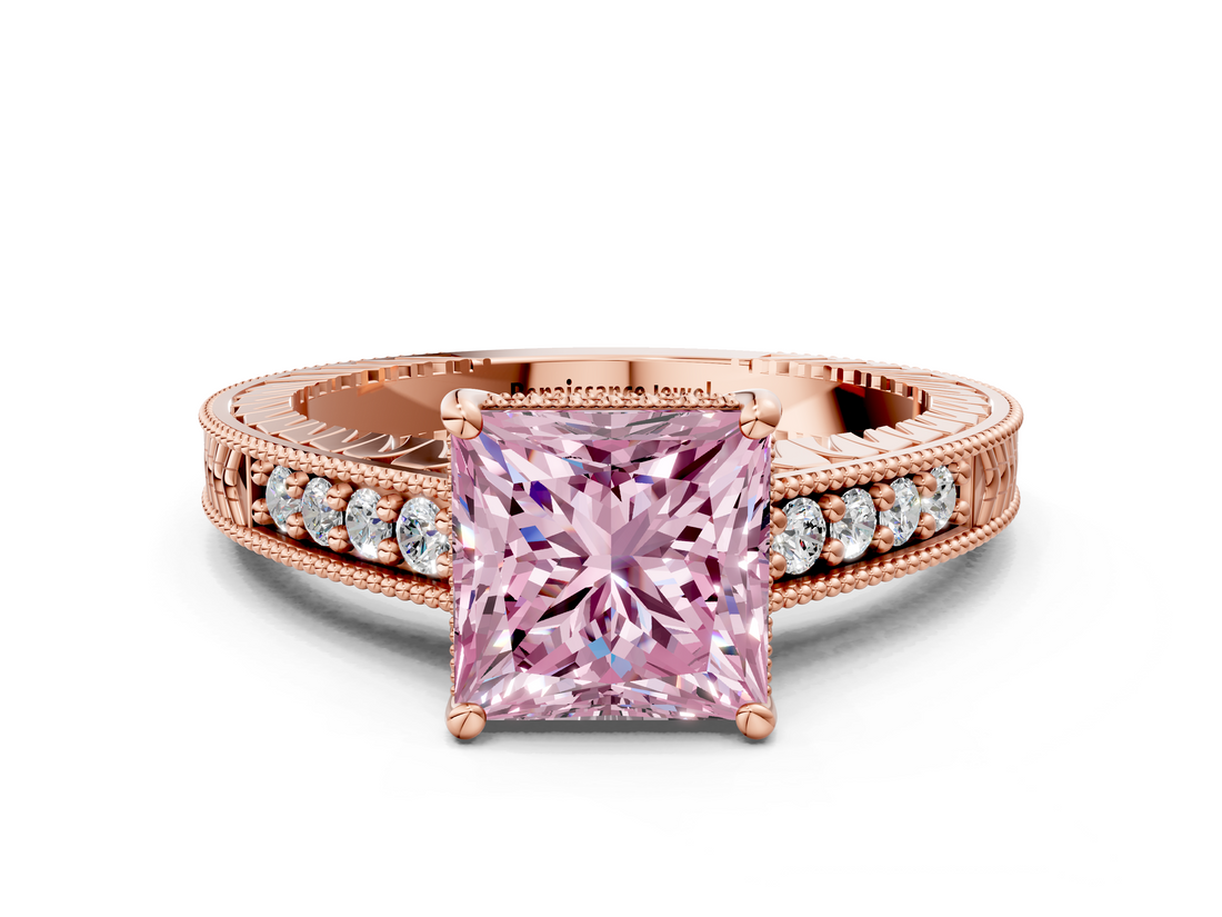 Rose gold Fancy Pink Princess  Solitaire Pavé Diamond Milgrain Engagement Ring with Four-Prong Setting