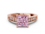 Rose gold Fancy Pink Princess  Solitaire Pavé Diamond Milgrain Engagement Ring with Four-Prong Setting