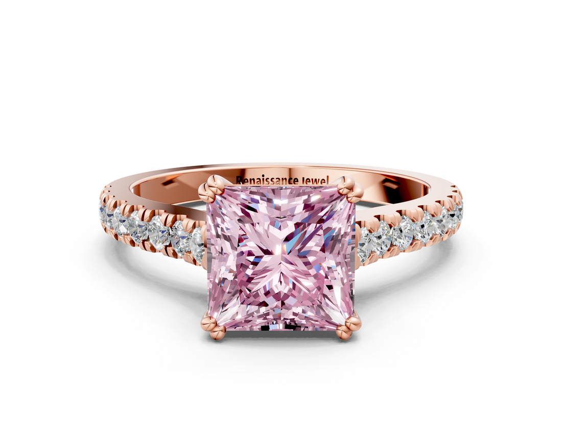 Rose gold Fancy Pink Princess  Solitaire Pave Diamond Engagement Ring with Prong Setting