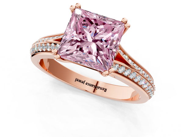 Rose gold Fancy Pink Princess Cut Diamond Split Shank Engagement Ring with Pavé Band