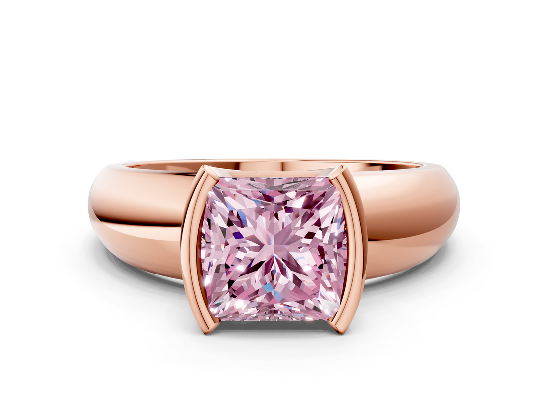 Rose gold Fancy Pink Princess  Solitaire Tension Set Diamond Ring with Wide Band