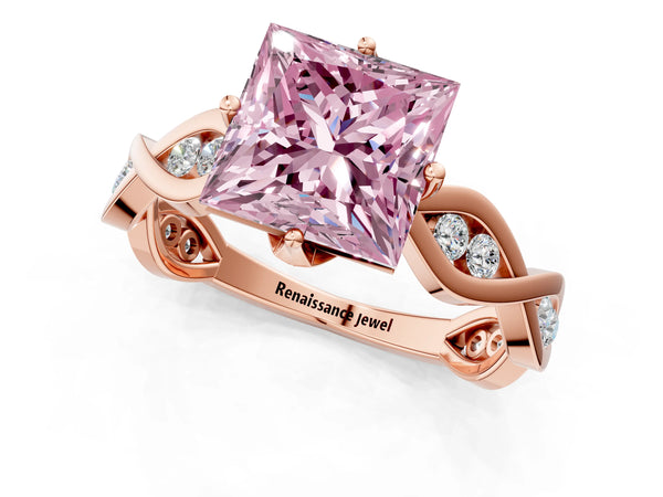 Rose gold Fancy Pink Princess  Solitaire Twist Band with Leaf Prong Setting